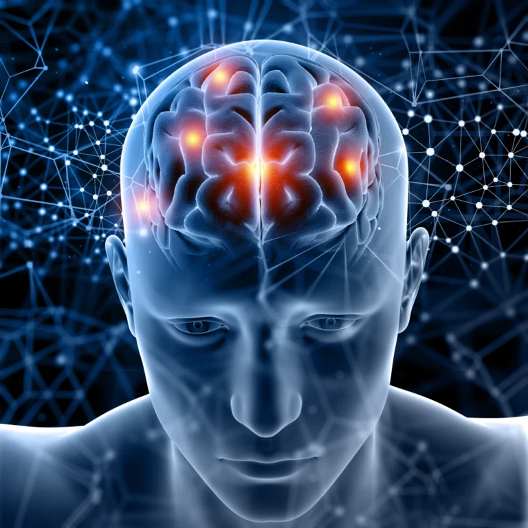 3D Illustration of glowing neural pathways in the human brain